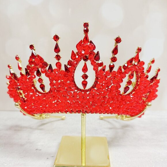 Gold Princess Crown, Prom headpiece, Bridal tiara, Red Crystal wedding crown - Picture 1 of 8